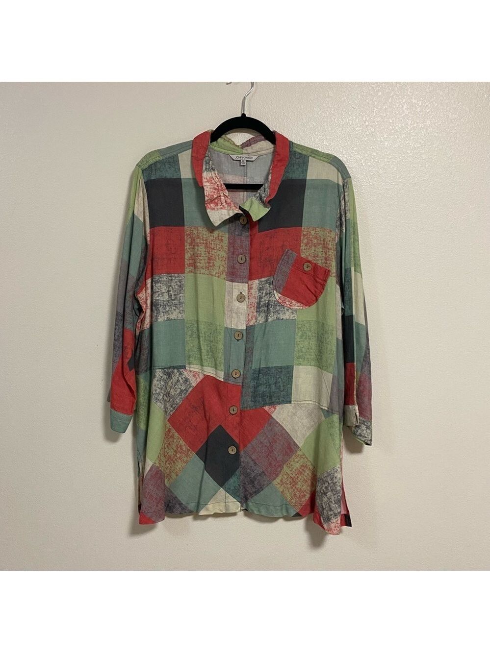 John Mark Shirt Women’s Size XL Multicolor Plaid Button up Shirt Linen blend